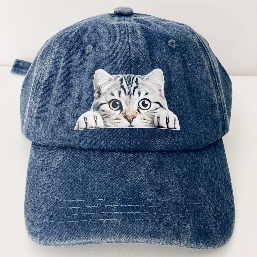 NWT Gorgeous Tabby Cat on Navy Blue Denim Adjustable Baseball Hat Cap